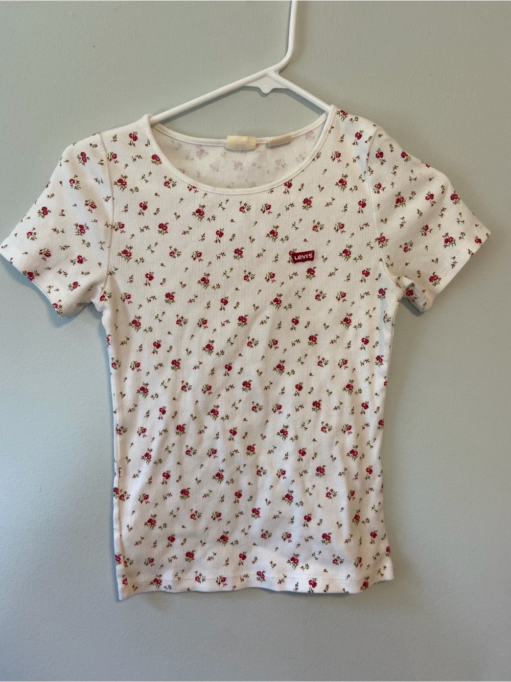 Levi's White Ribbed Tee with Red Floral Print